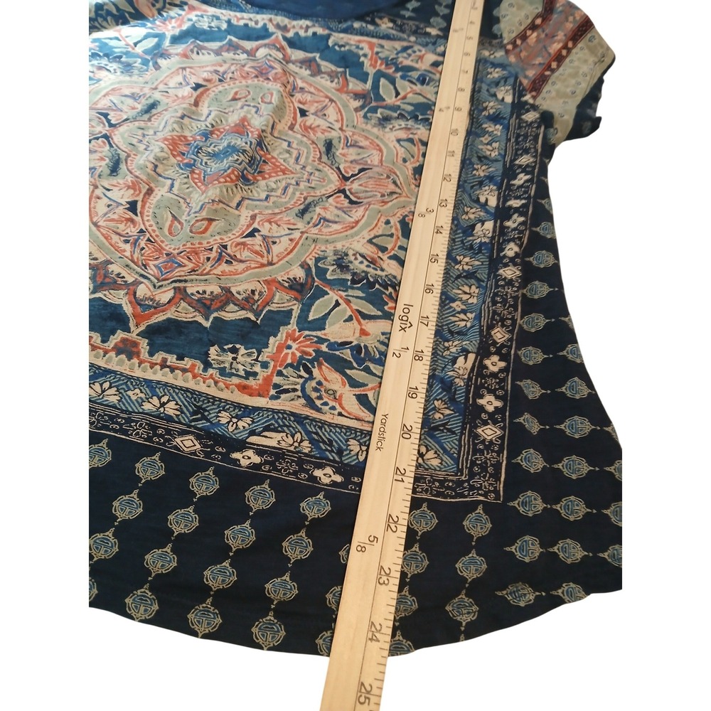 Lucky Brand Navy Blue Boho Medallion Print Short Sleeve Scoop Neck Top 2x Summer - Picture 6 of 9